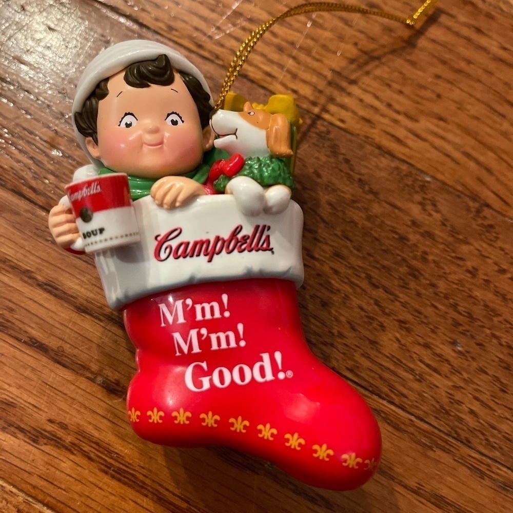 Ornament Campbell's Soup Boy in a Stocking with His Dog - 2001 "M'M! M'M! Good!"